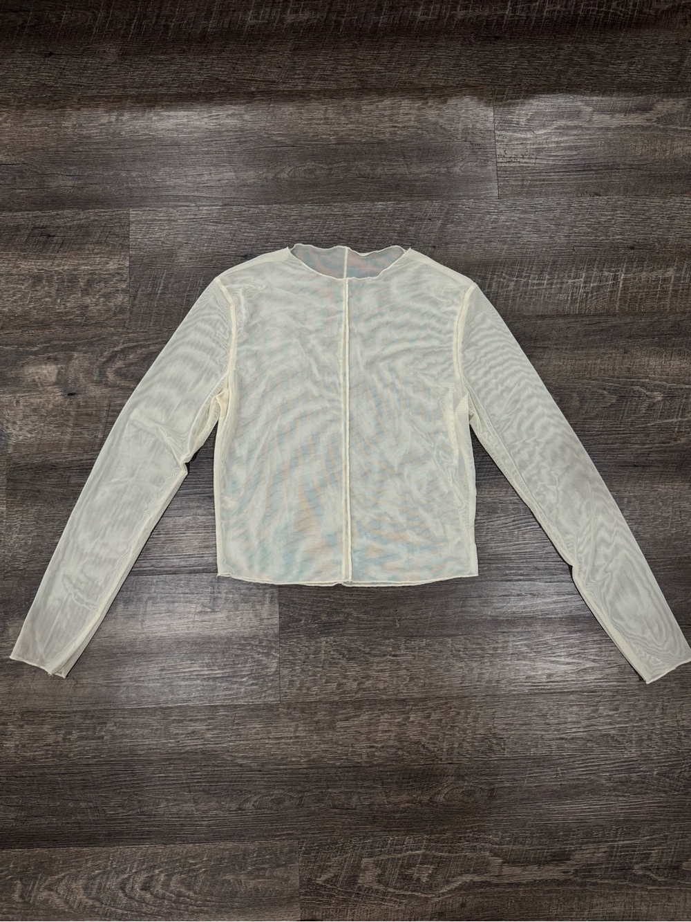 Semi-Sheer Long-Sleeve Crewneck Top in Cream
